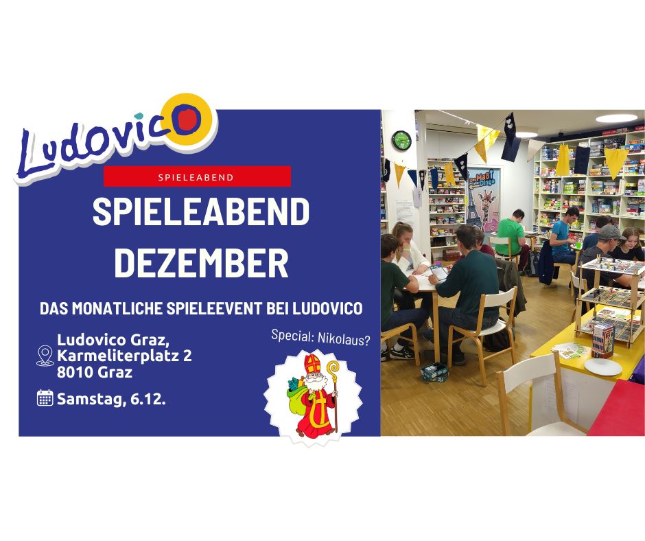 Titelbild Spieleabend Dezember. Das monatliche Spieleevend bei Ludovico Ludovico Graz Karmeliterplatz 2 8010 Graz Samstag, 6.12.