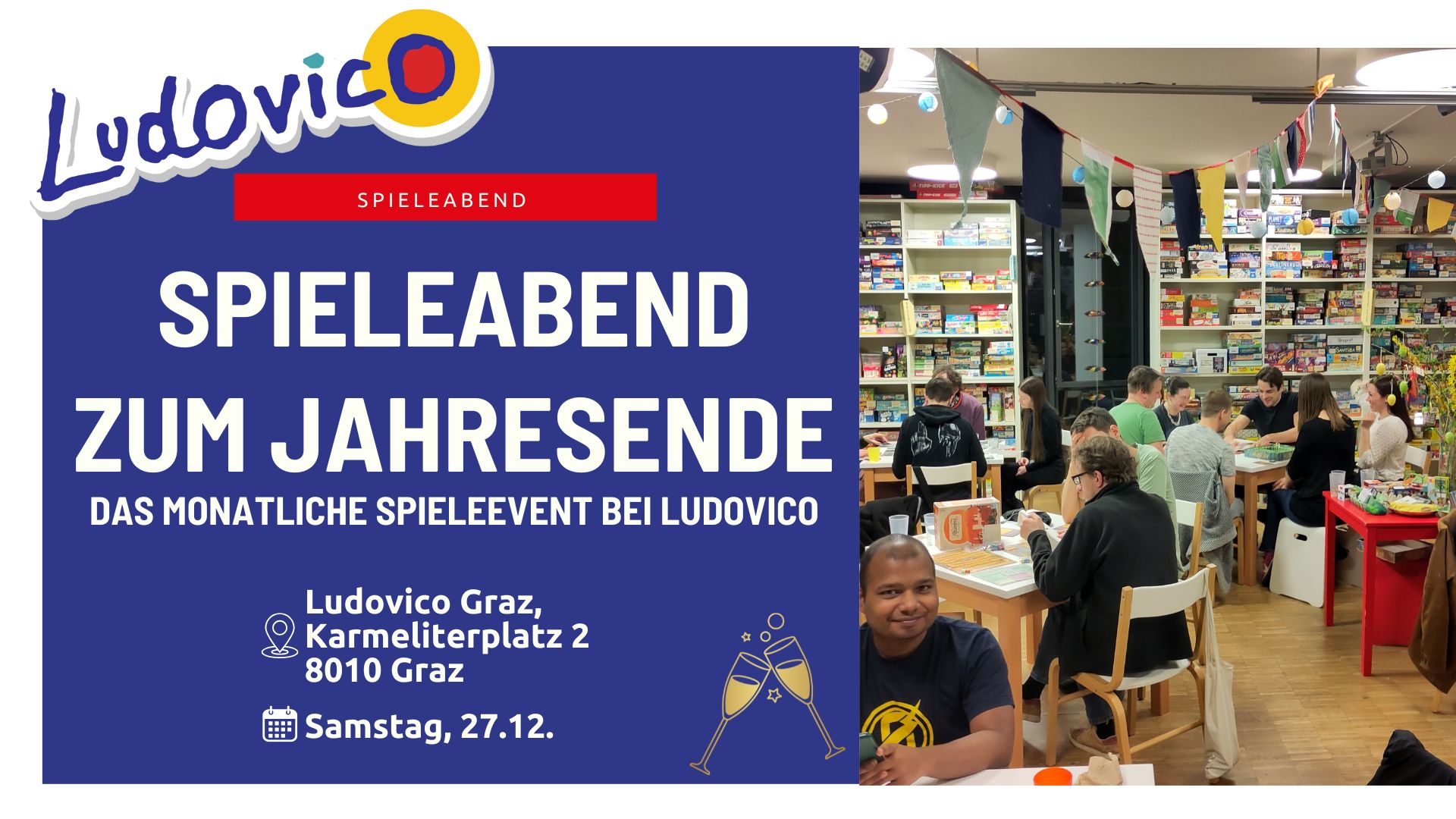 Titelbild der Veranstaltung Spieleabend zum Jahresende. Ein Foto zeigt das Ludovico voll mit spielenden Menschen an einem Spieleabend.