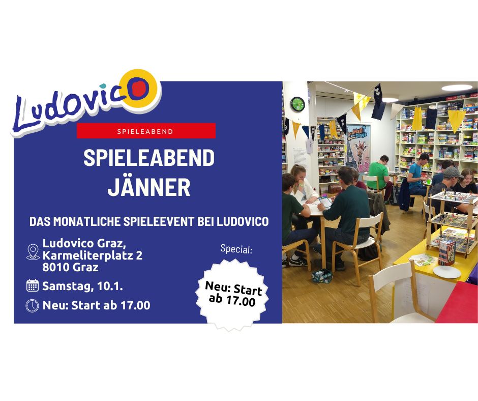 Titelbild der Veranstaltung Spieleabend Jänner. Ein Foto zeigt das Ludovico voll mit spielenden Menschen an einem Spieleabend.