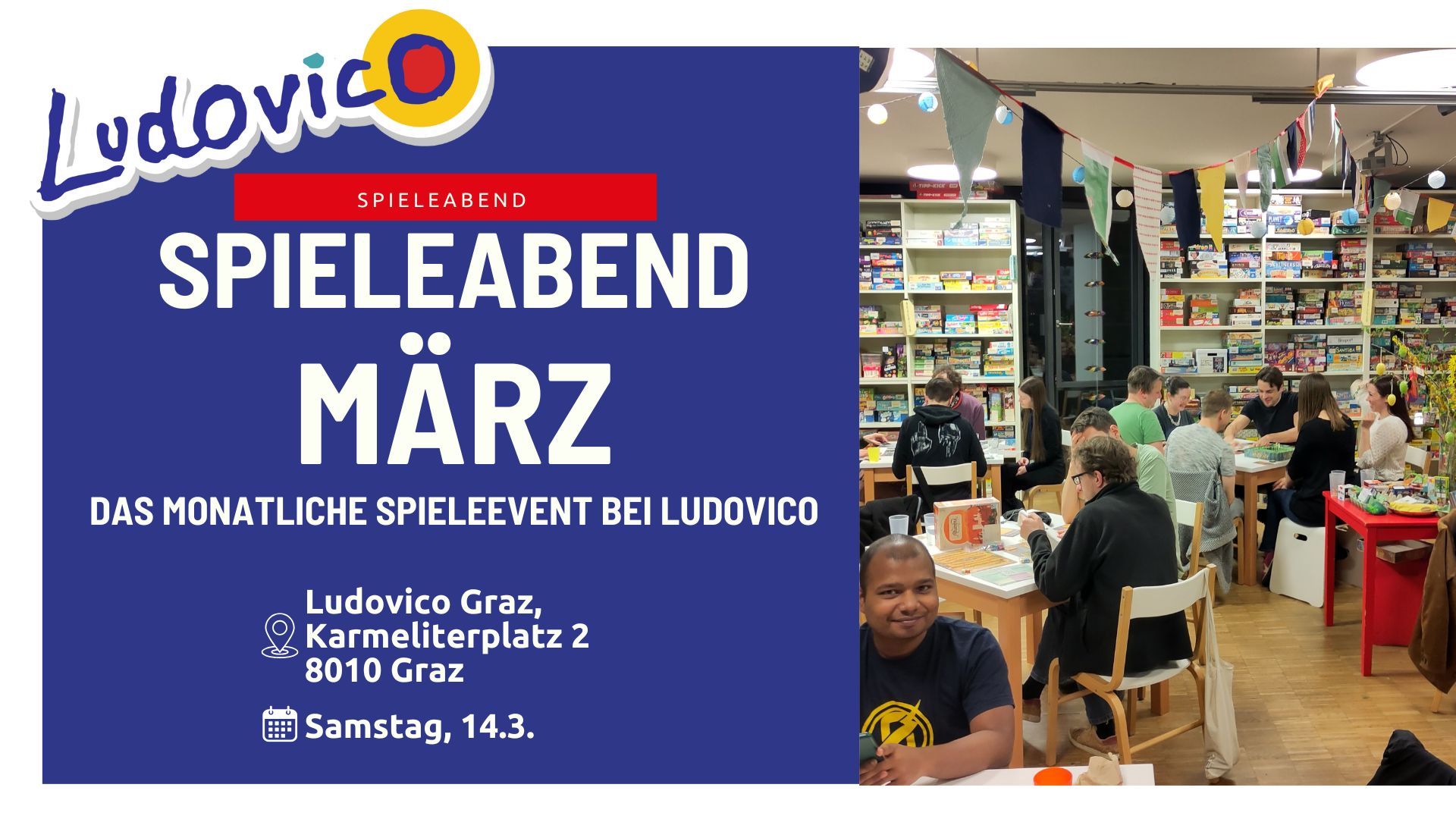 Titelbild der Veranstaltung Spieleabend März. Ein Foto zeigt das Ludovico voll mit spielenden Menschen an einem Spieleabend.