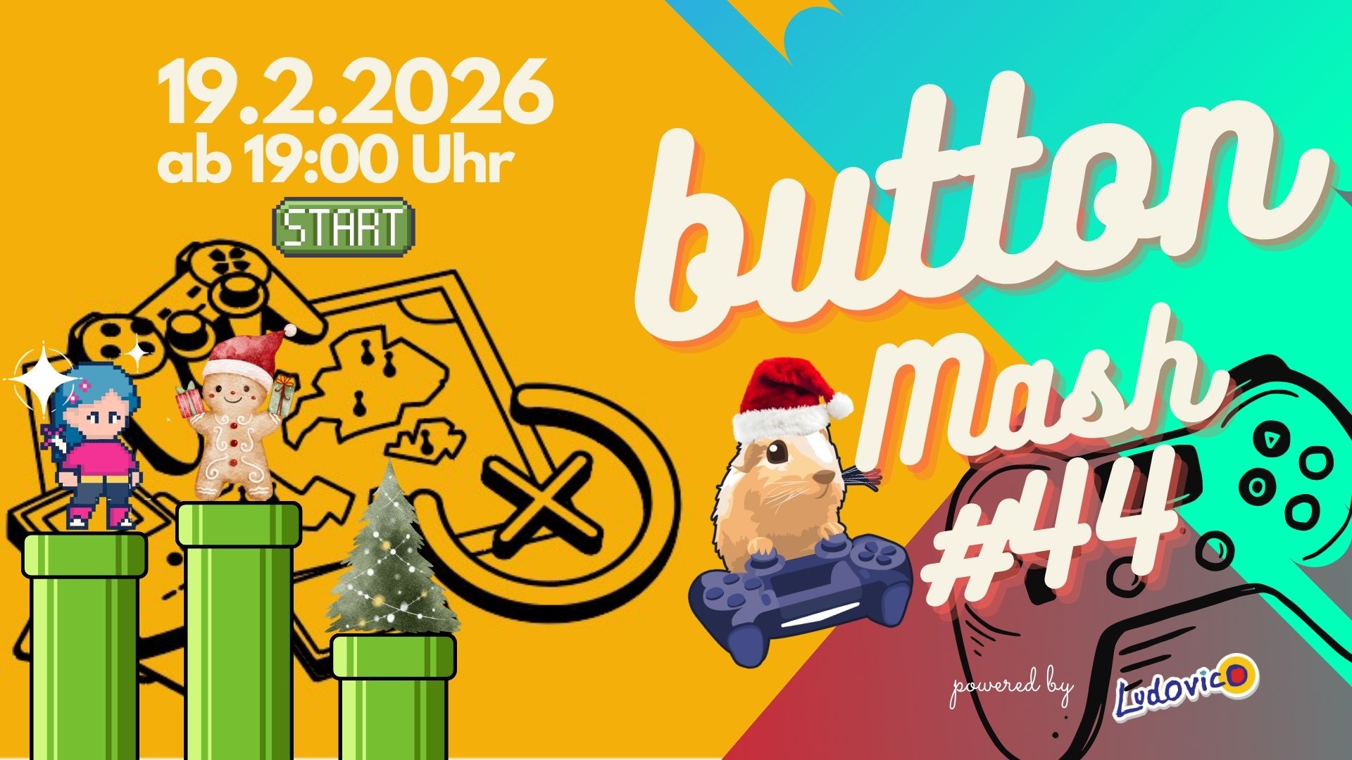 Titelbild der Veranstaltung button Mash #45. Figuren und Grafiken aus bekannten Spielen zeigen, dass es um Videospiele geht.