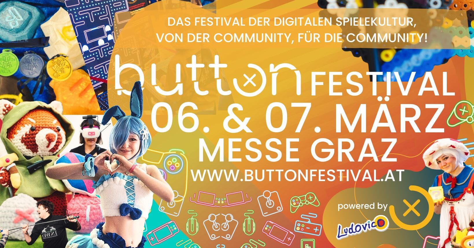 Das Titelbild der Veranstaltung button festival 2026 zeigt eine Cosplayerin und viele kleine Icons mit Bezug zu Videospielen.