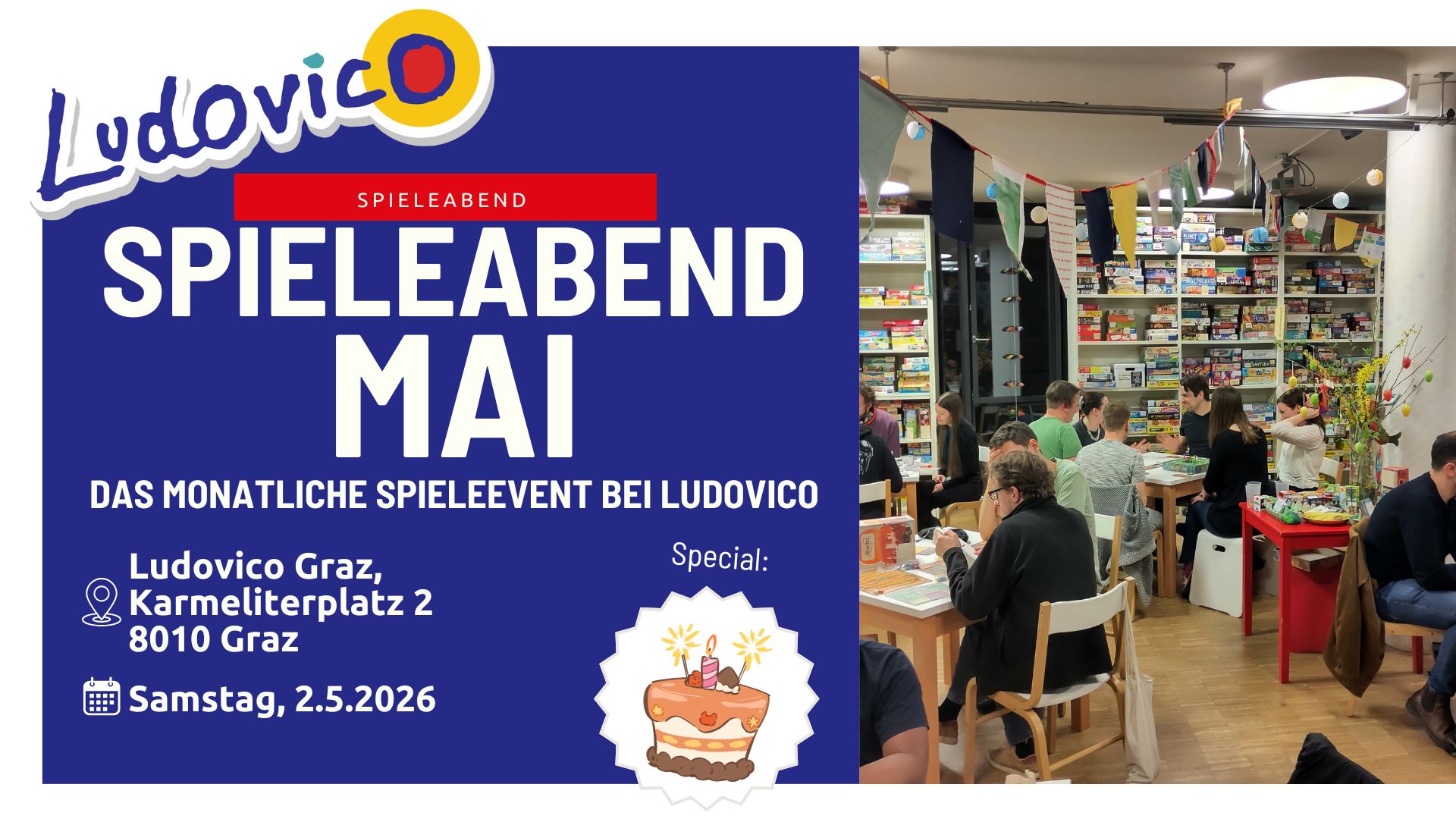 Titelbild der Veranstaltung Spieleabend Mai. Ein Foto zeigt das Ludovico voll mit spielenden Menschen an einem Spieleabend.