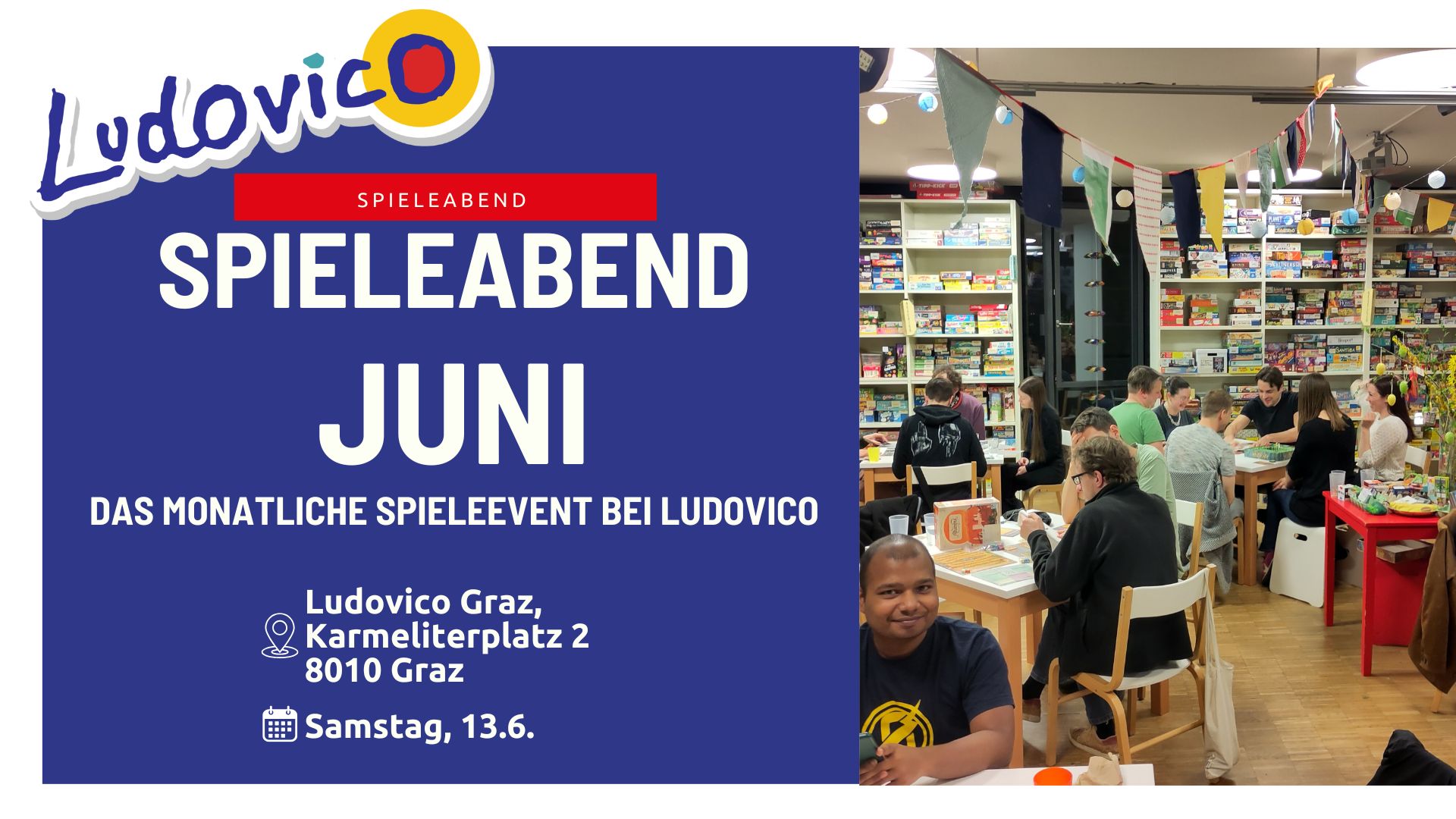 Titelbild der Veranstaltung Spieleabend Juni. Ein Foto zeigt das Ludovico voll mit spielenden Menschen an einem Spieleabend.