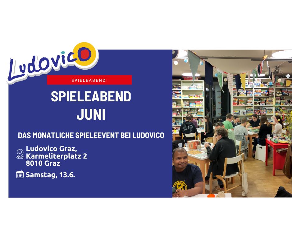 Titelbild der Veranstaltung Spieleabend Juni. Ein Foto zeigt das Ludovico voll mit spielenden Menschen an einem Spieleabend.