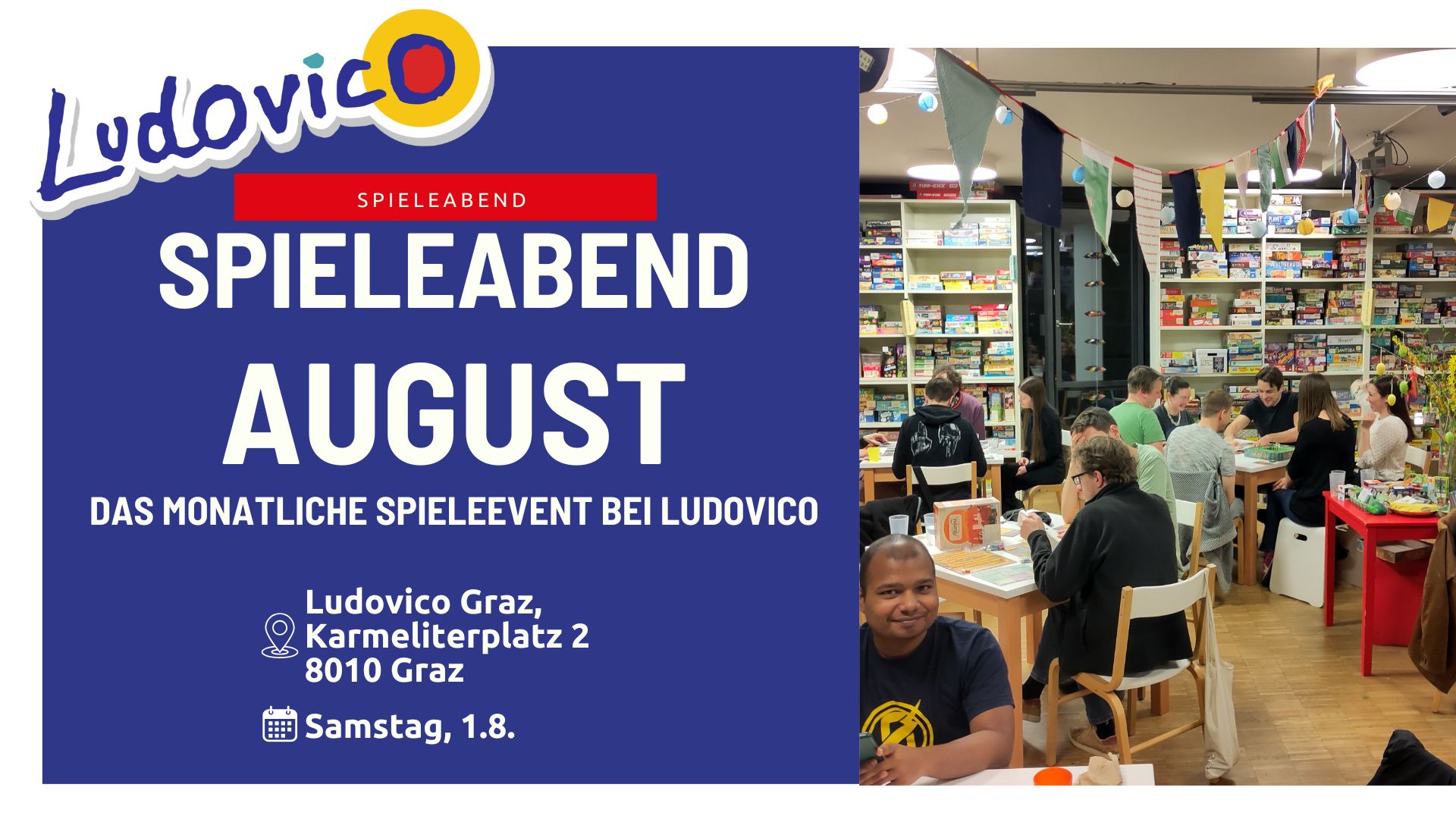 Titelbild der Veranstaltung Spieleabend August. Ein Foto zeigt das Ludovico voll mit spielenden Menschen an einem Spieleabend.