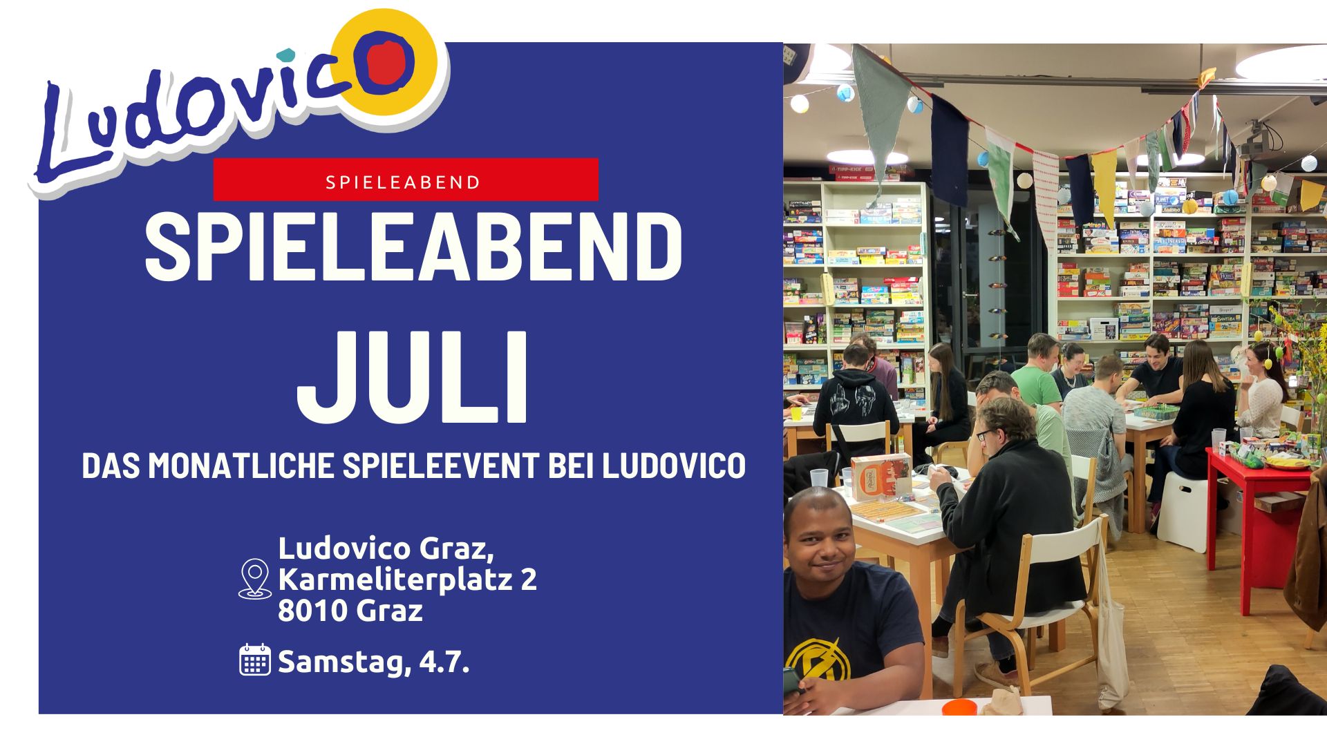 Titelbild Titelbild der Veranstaltung Spieleabend Juli. Ein Foto zeigt das Ludovico voll mit spielenden Menschen an einem Spieleabend.