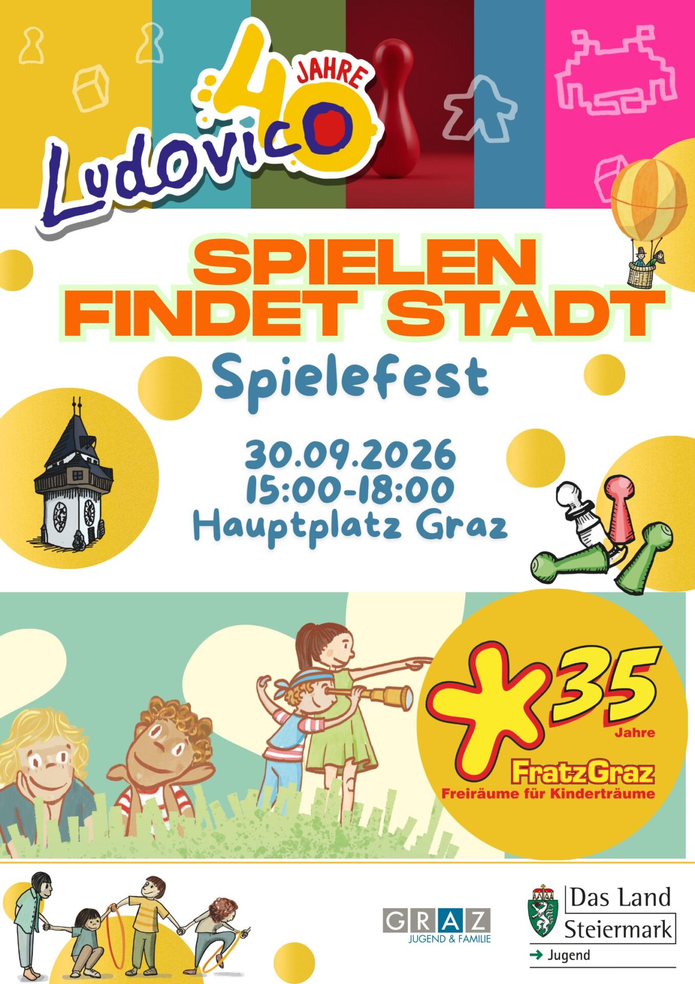 Das Veranstaltungsposter zu "Spielen findet Stadt" zeigt im Freien spielende Kinder und den Grazer Uhrturm.