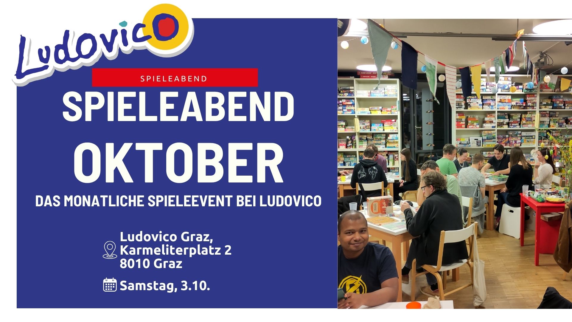 Titelbild Titelbild der Veranstaltung Spieleabend Oktober. Das Foto zeigt die Ludothek bei einem Spieleabend: Ein Raum mit Regalen voll mit tausendend Spielen. Dazwischen viele Tische mit Menschen, die Brettspiele spielen.