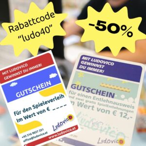 Das Bild zeigt Ludovico-Gutscheine für den Spieleverleih. Darüber steht Rabattcode "ludo40" und -50%.