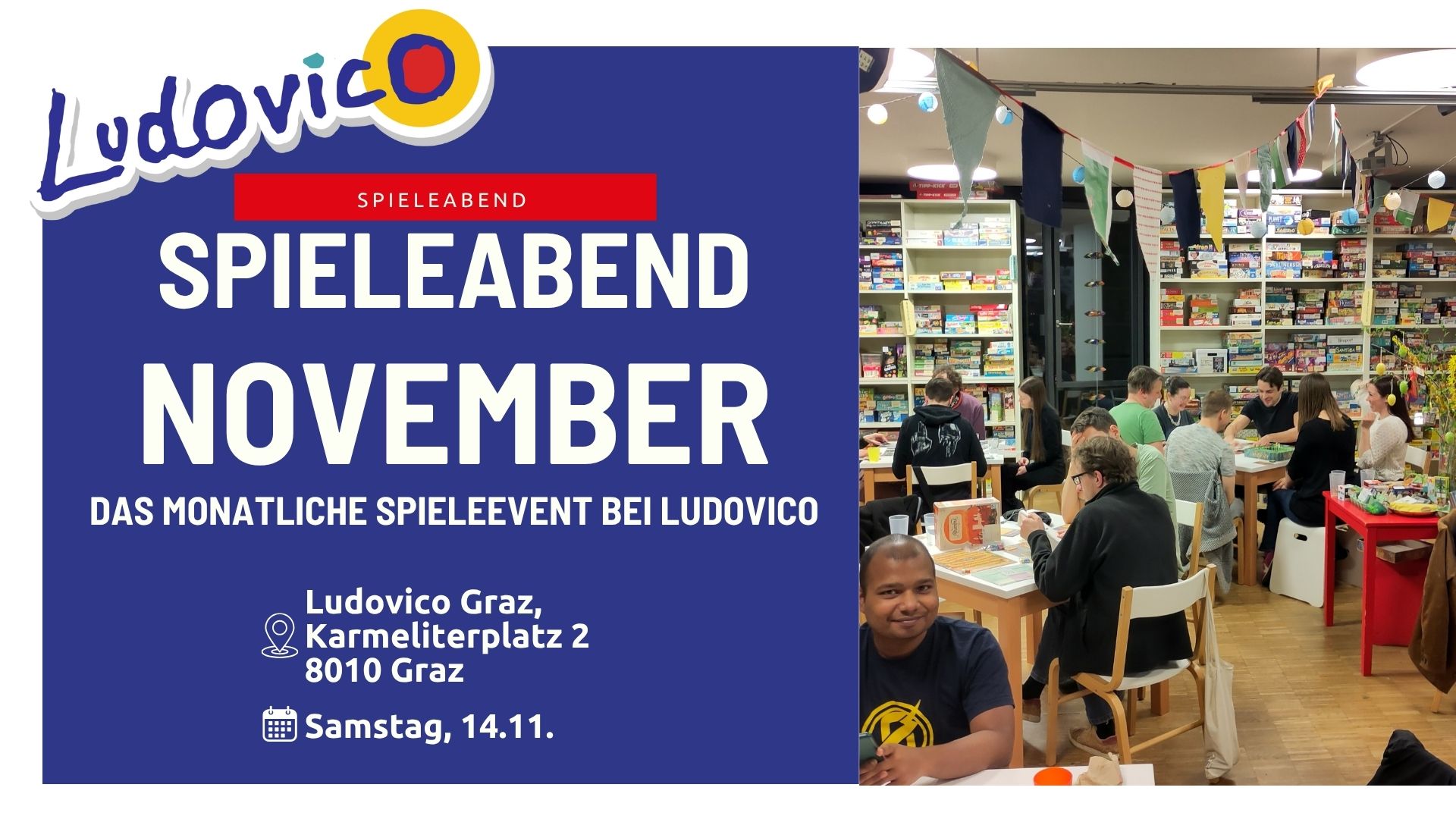 Titelbild der Veranstaltung Spieleabend November. Ein Foto zeigt das Ludovico voll mit spielenden Menschen an einem Spieleabend.