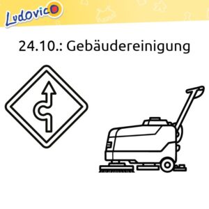 24.10.: Gebäudereinigung. Ein Wegweiser und eine Reinigungsmaschine sind zu sehen.